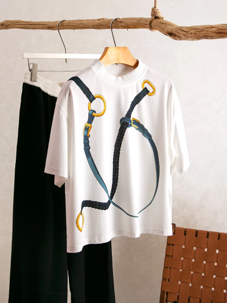 

YongLeap Summer New Cotton Printed ort Sve T-irt Stand Collar Chain Bule Loose Fit Versatile Top Women's Faion