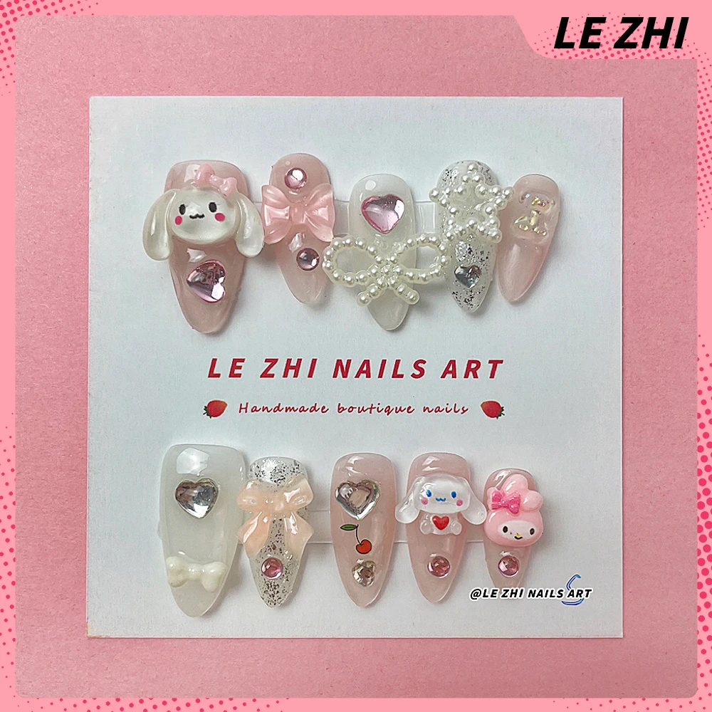 Kawaii Cinnamoroll Mymelody Almond Press on Nail Art Translucent Pink White Short Pearl Bow Diamond Manicure Girl Sweet Gift