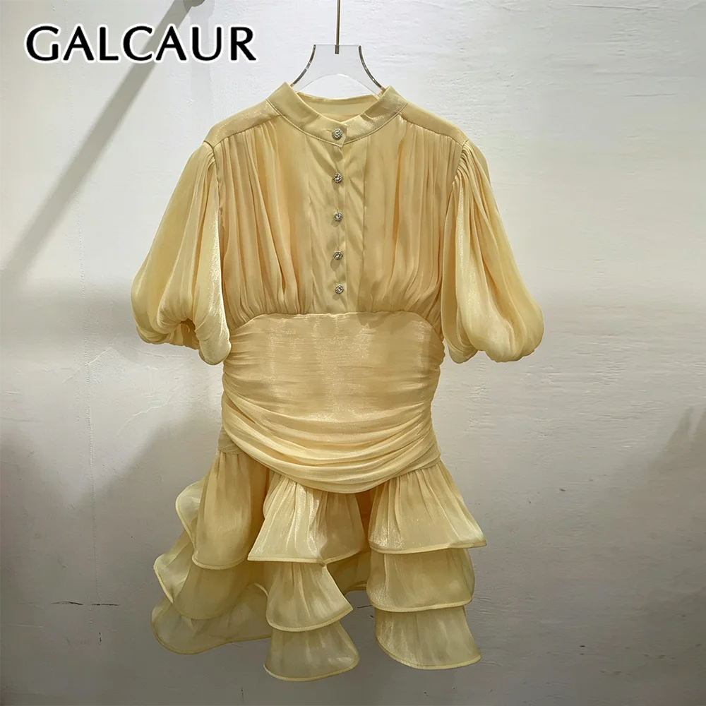 

GALCAUR Solid Slimming Spliced Beading Dress for Women Round Neck Short Sleeves Patchwork Ruffles Fold Dresses Female Fashion