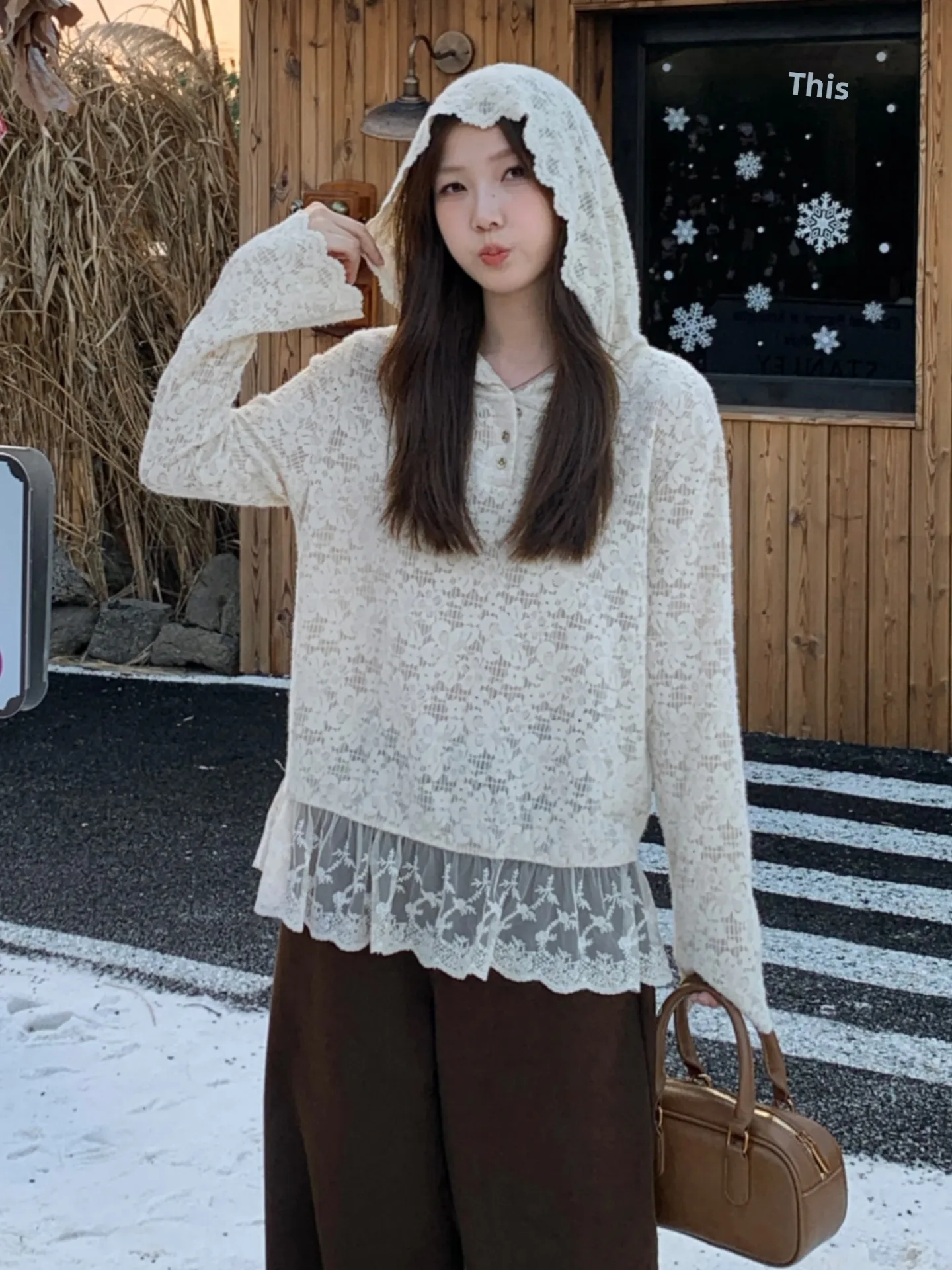Lace Hook Flower Long Sleeve Hoodie Women's Base Shirt Spring Autumn plus Size Luxury Sensation Casual Top Korean Style