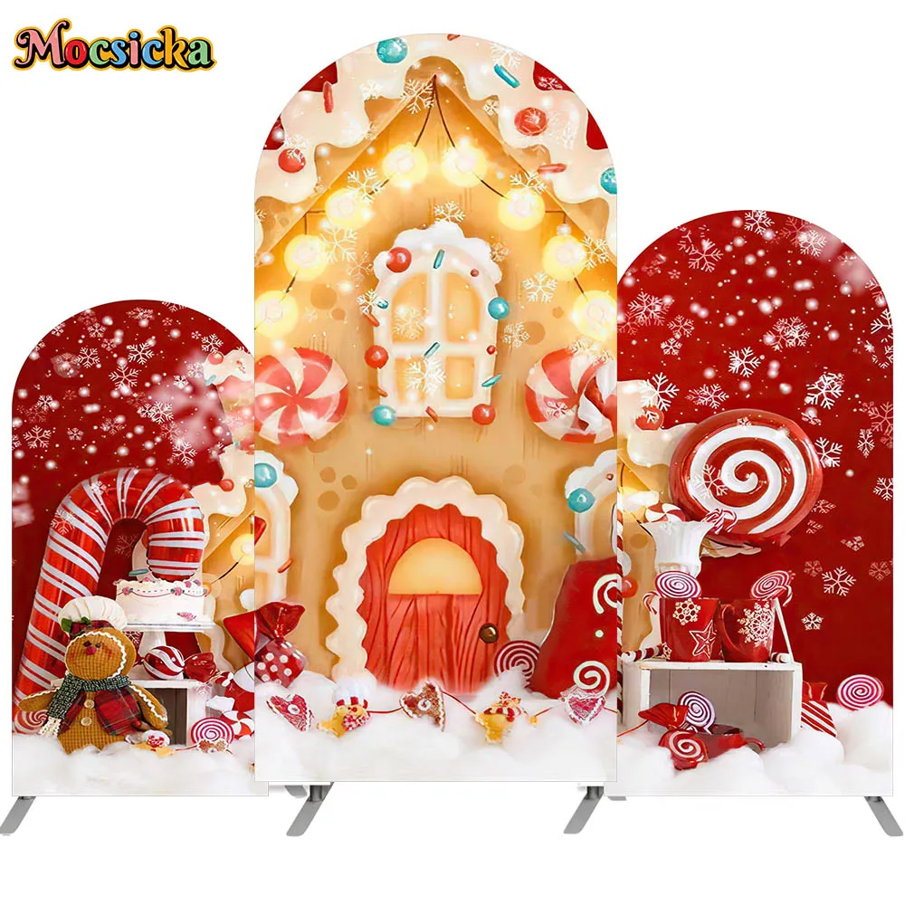 

Mocsicka Christmas Arched Background Cover Gingerbread House Candy Cane Snowflake Children Party Decoration Double-Side Backdrop