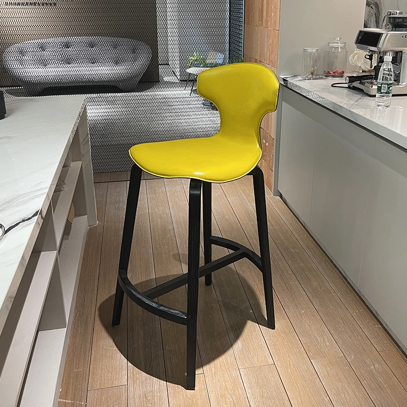 

Yellow Solid Wood High Chairs Modern Leather Ergonomic Ultralight Bar Chairs Minimalist Relax Sillas Altas Para Barra Furniture