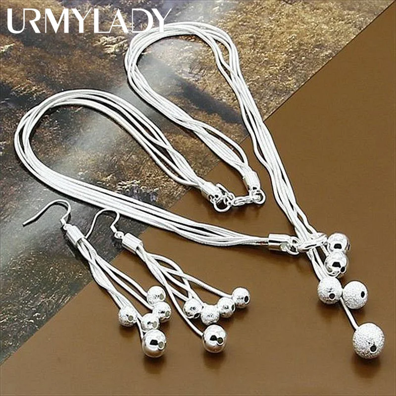 

URMYLADY 925 Sterling Silver Smooth Matte Round Beads Necklace Earring Eardrop Set For Women Wedding Charm Party Fashion Jewelry