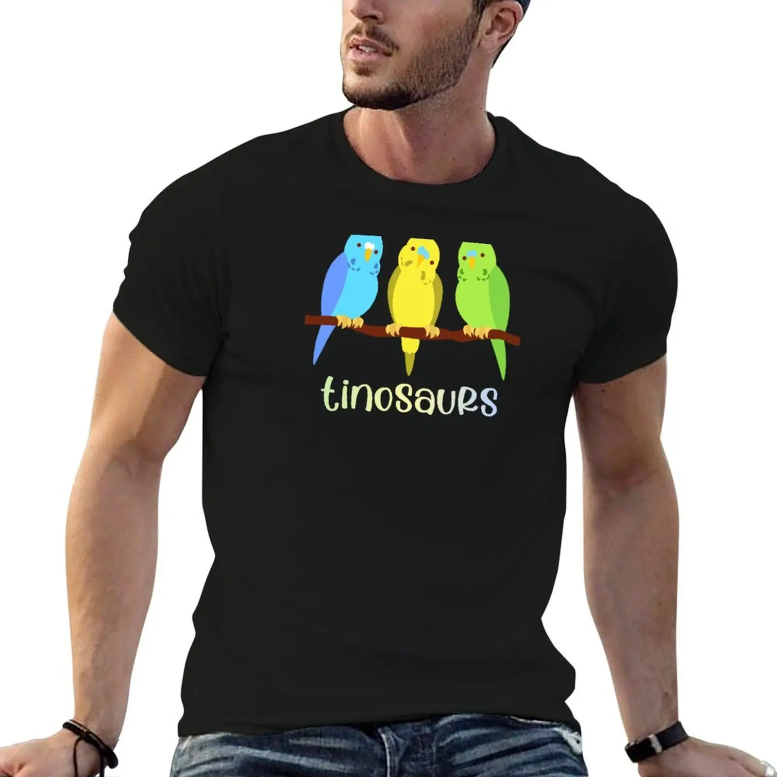 TINOSAURS: Los pájaros son pequeños dinosaurios: un periquitos brillantes (aka periquitos) en camiseta azul, amarilla y verde