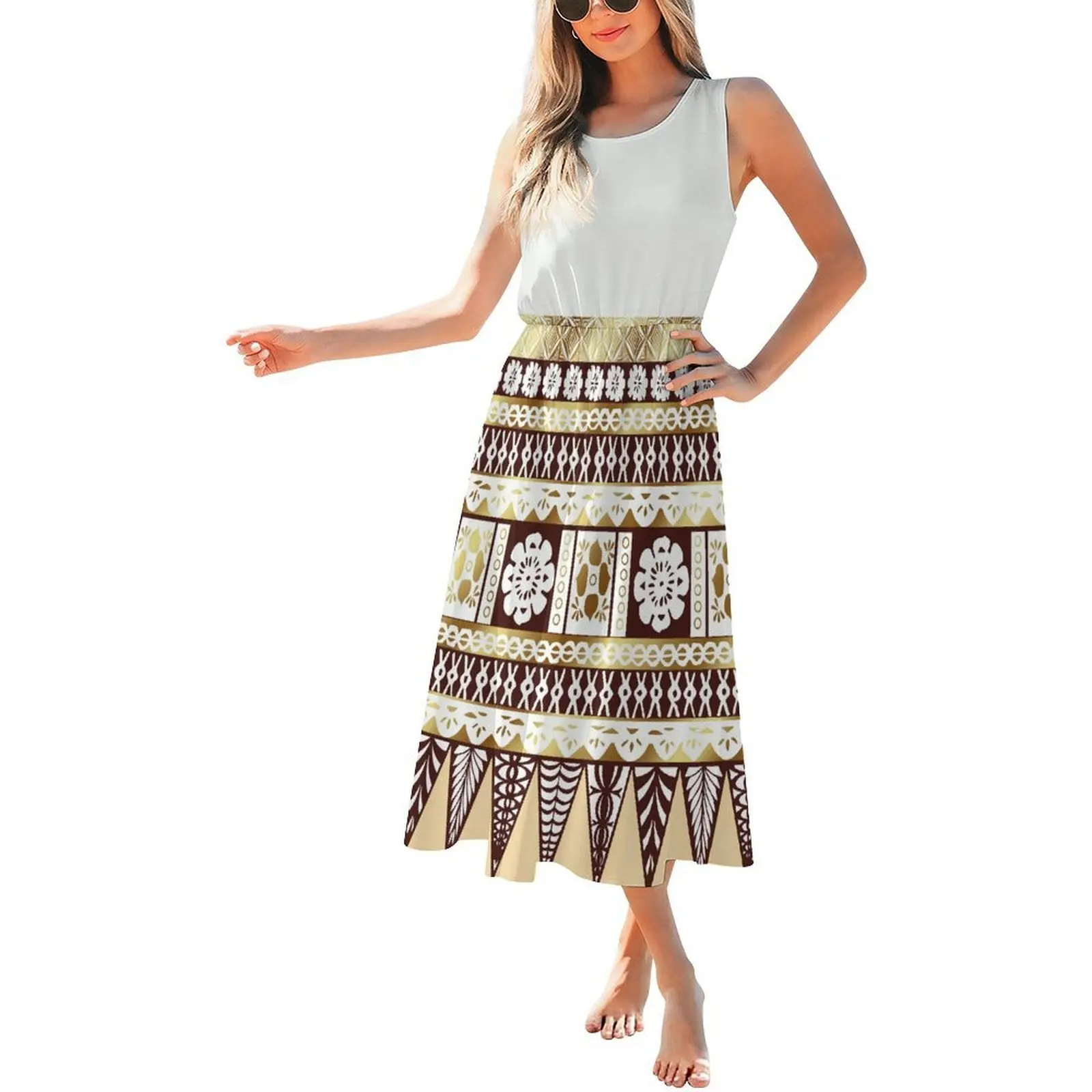 نسيج مريح جولة الرقبة بلا أكمام الخصر مقصوص فستان طويل المرأة البولينيزية فستان فضفاض تصميم مخصص