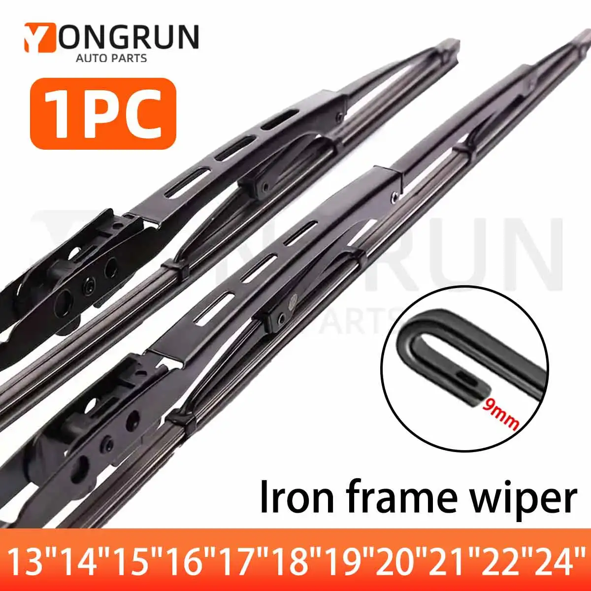 YONGRUN 1 Stück Eisenrahmen-Wischer 9mm Universal J/U-Haken 13'14'15'16'17'18'19'20'21'22'24' Automotive Frontscheibenwischer