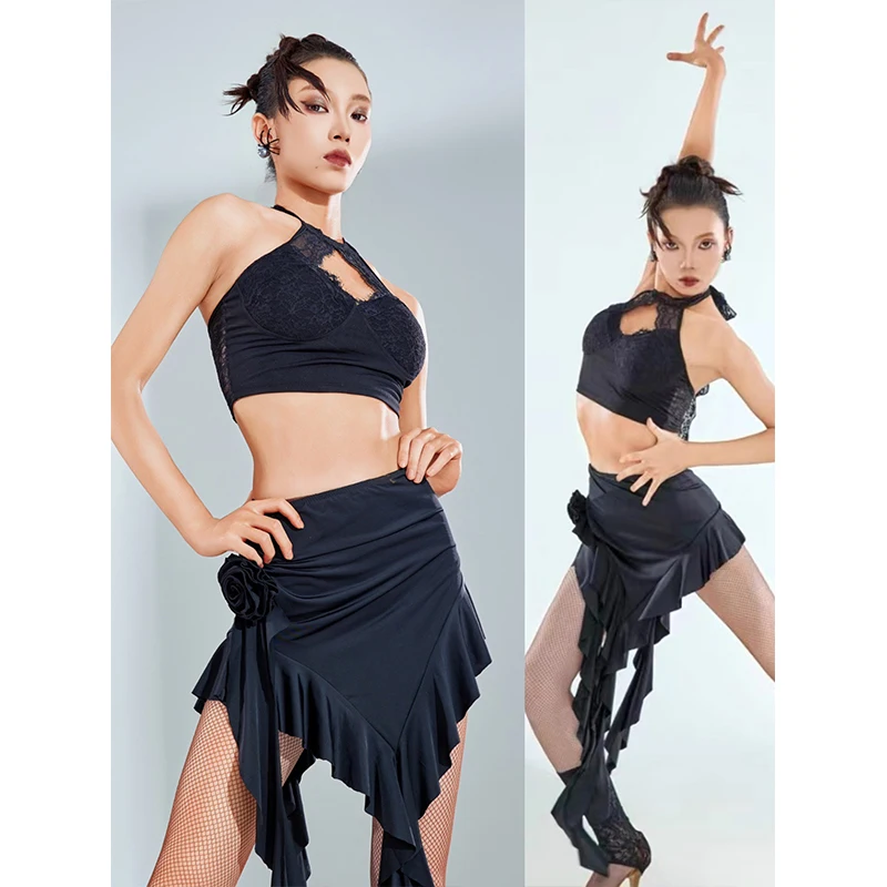 

Sexy Latin Dance Clothes Women Performance Black Lace Tops Irregular Fringe Skirt Black Practice Dance Wear Summer Dress NV20672