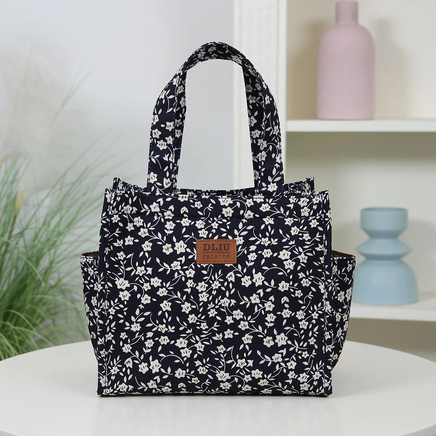 Neue Handtasche aus verdicktem Stoff mit Blumenmuster, Lunch-Tasche, tragbare Lunchbox-Aufbewahrungstasche, Reißverschluss-Design, multifunktionale Tragetasche – Detail 5