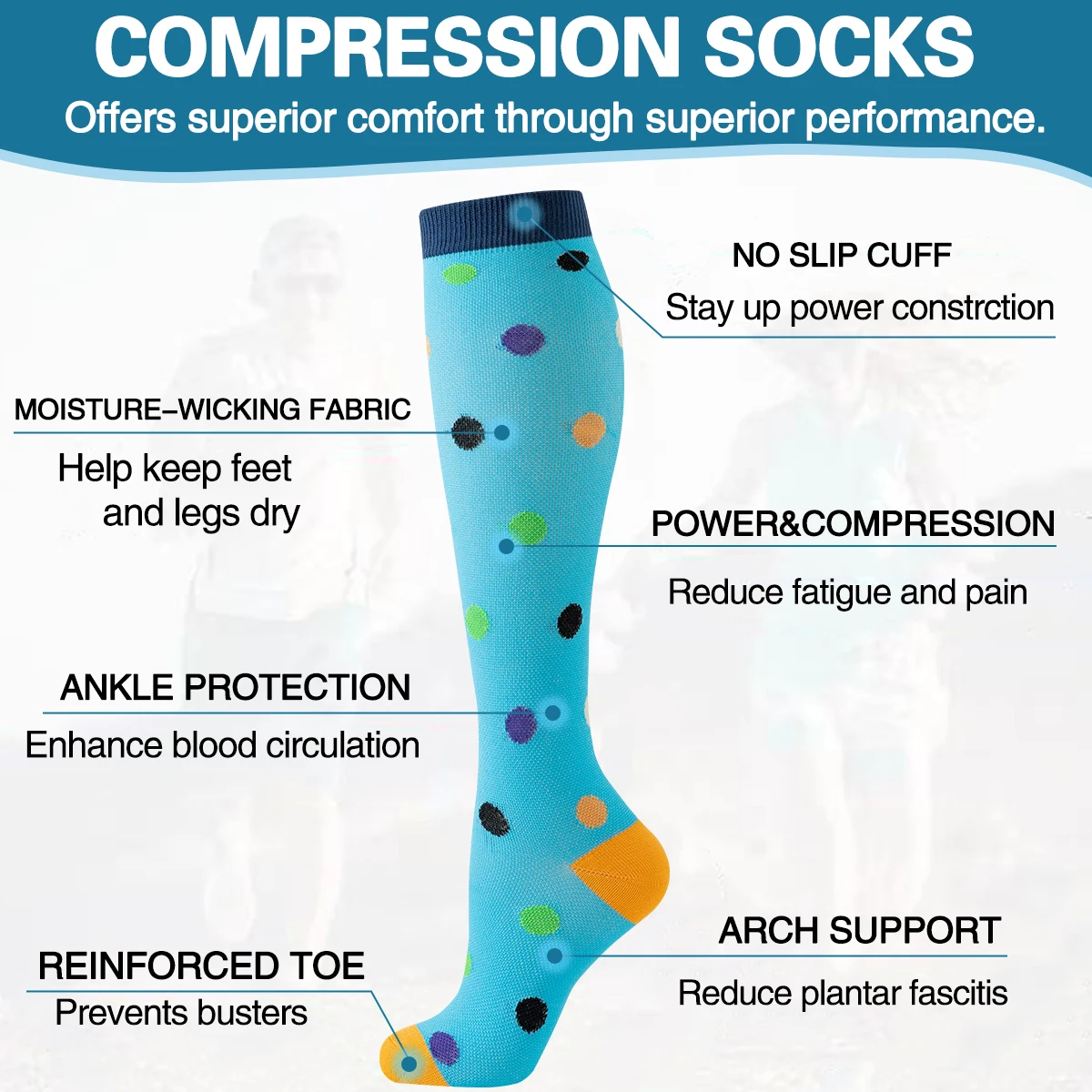 6 أزواج من جوارب الساق الرياضية الممرضة بنمط نقاط بسيطة ومثيرة للاهتمام هدية عيد الأم هدية عيد ميلاد بنمط نقاط البولكا المضغوطة