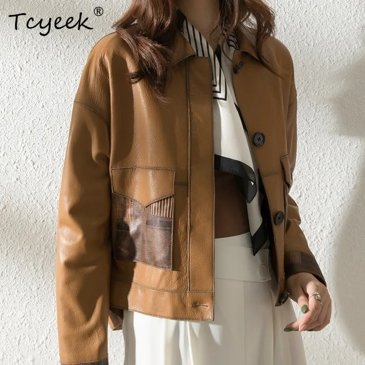 Tcyeek Schaffell Frühling Herbst Trendy Revers Kurze Lokomotive frauen Aus Echtem Leder Jacke Jaqueta De Couro Legítimo Feminina