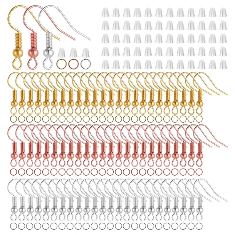 450Pcs Earring Making Supplies Including 150Pcs Big Earring Hooks with Beads Spring 150Pcs Earplugs 150Pcs Open Ring