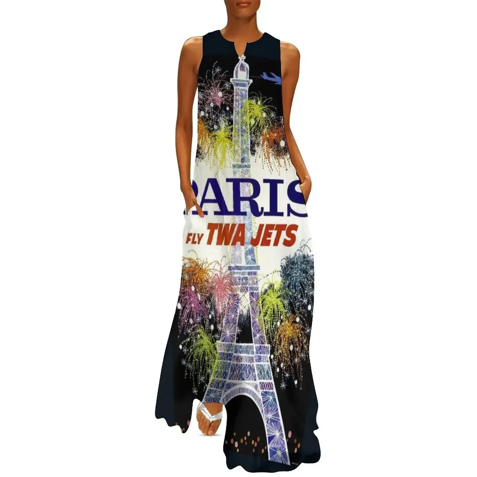 

PARIS : Vintage Air Travel Advertising Print Long Dress beach dress dresses korean style summer dress korean women