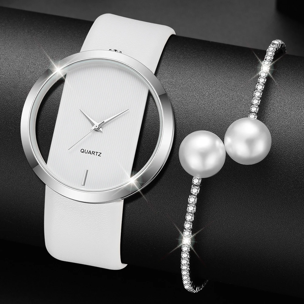 2PCS White Women's Watch Set Fashion Trend Simple Pointer Dial Quartz Watch Bracelet Jewelry Set Perfect Gift for Her