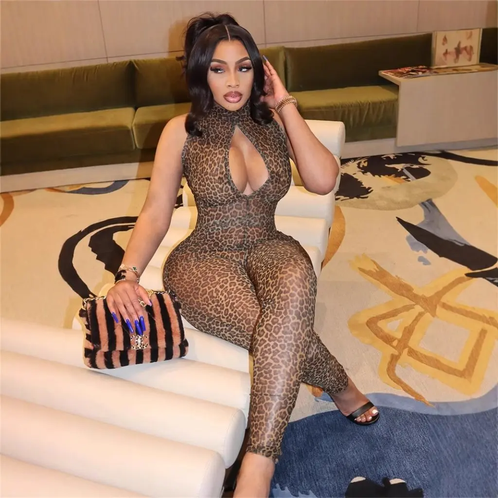 

Leopard Print Slim-fit Mesh Hollow Sleeveless Pants Sexy European American Fashion Cross-border Design for Women