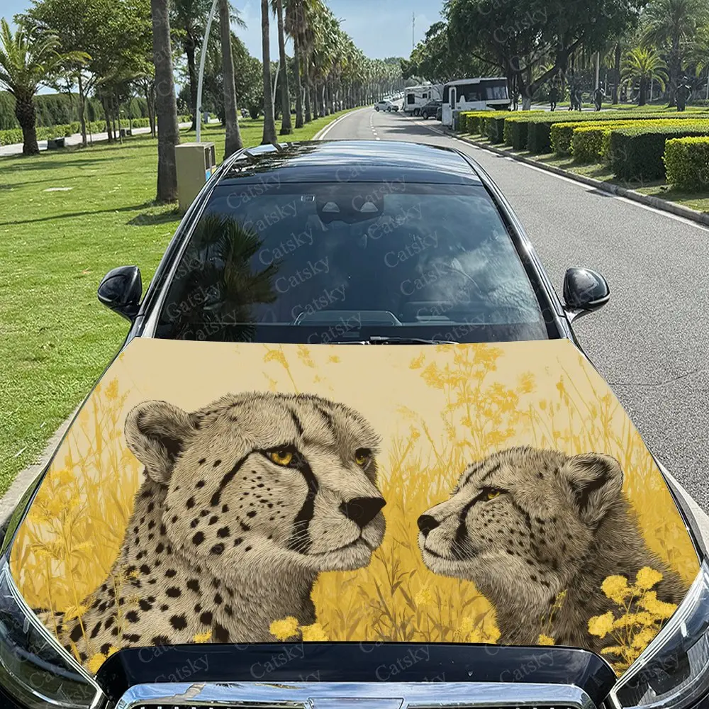 Car Decal Cheetahs with Yellow Textural Artistic Fusion Design, Creating a Mysterious and Agile Visual Car Hood Sticker, Waterpr