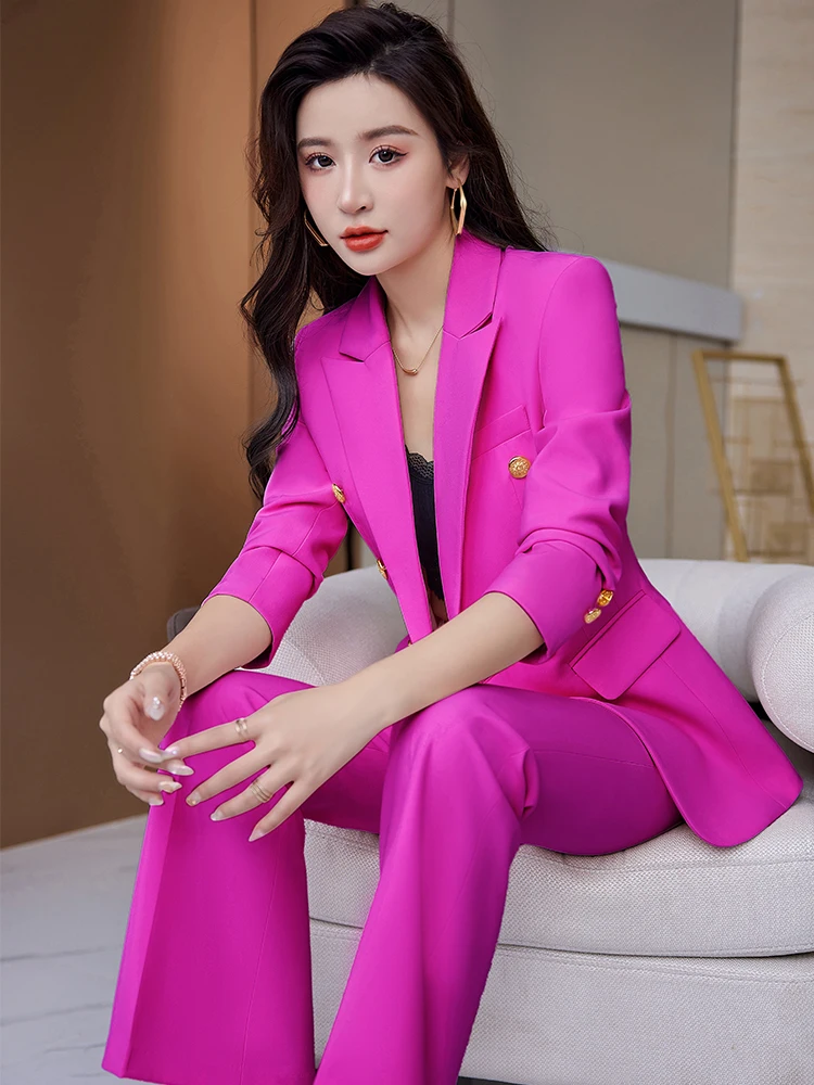 Imagem -06 - Blazer e Calças Femininas Roupa Formal de Trabalho de Negócios Conjunto de Peças Decoração de Botões Branco Preto e Rosa Senhoras do Escritório