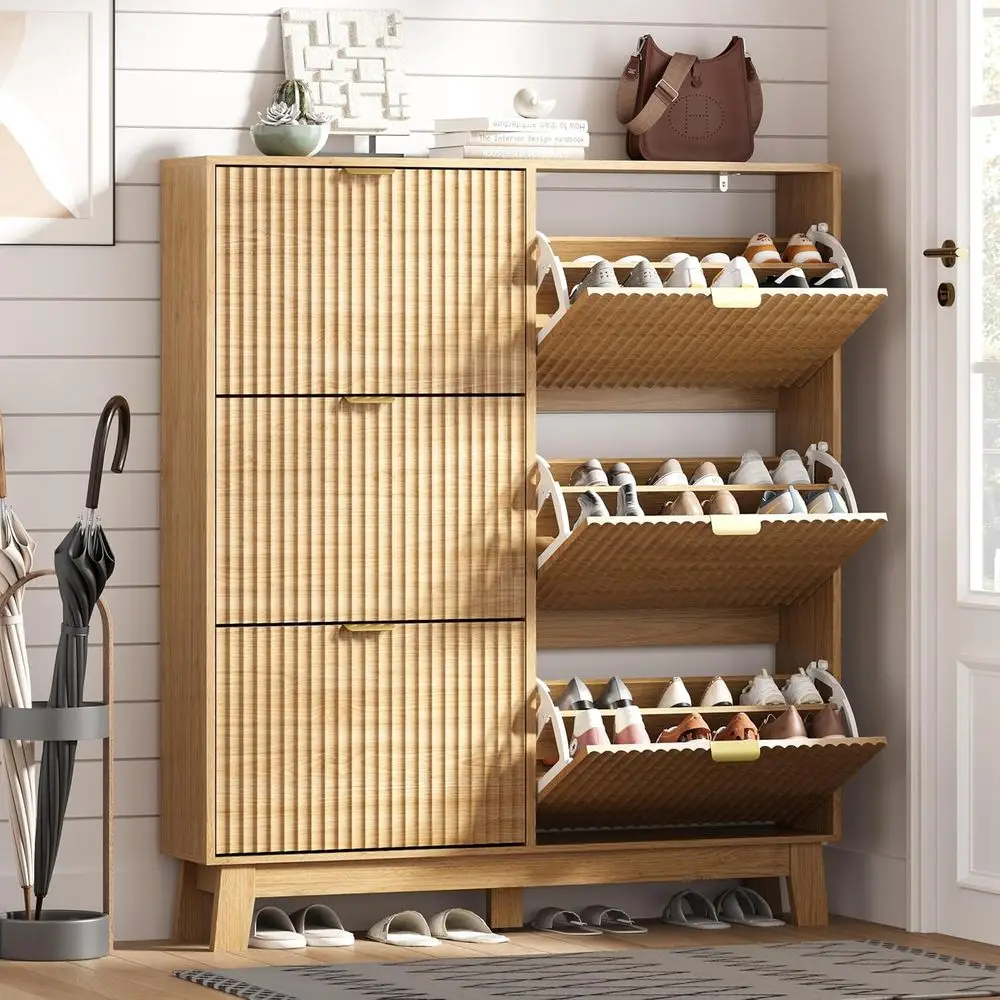 

Тонкий шкаф для обуви с отделкой под дуб, 6 отделениями, деревянными ножками и скрытым хранением для прихожей