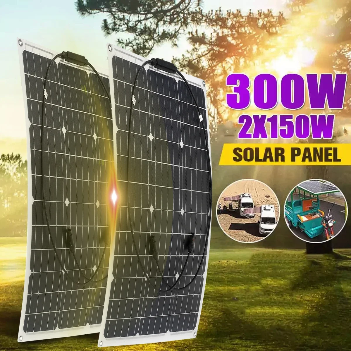 

150W/300W Solar Panel 18V Semi-flexible Monocrystalline Sol-a Cell DIY Cable Waterproof Outdoor Car RV Rechargeable Power System