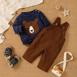 Baby Boy Fall/Winter Long Sleeve 2pcs  Cartoon Bear Sweatshirt + Suspender Trousers For Fashion Outdoor Streetewar Clothes Set