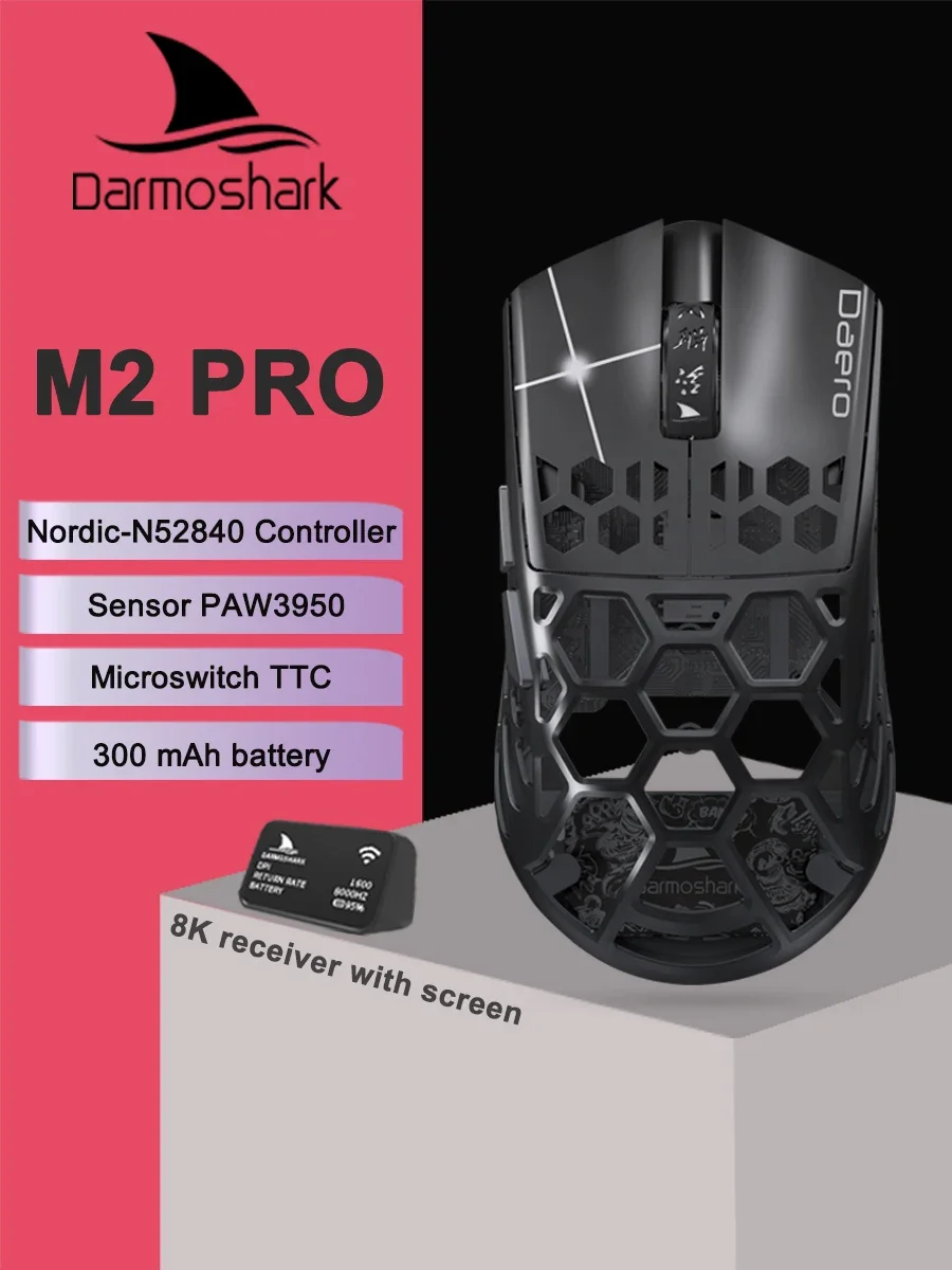 Darmoshark M2PRO 8K Wireless Bluetooth Tri-mode Gaming Mouse N52840 PAW3950 30000DPI Optical Mice Magnesium Alloy Hollow Design
