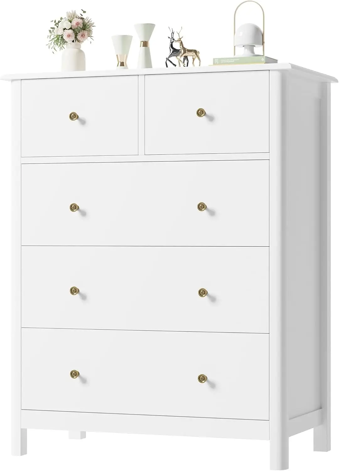 Cómoda blanca con 5 cajones, cómoda alta, cómoda de 5 cajones con espacio profundo, almacenamiento de madera