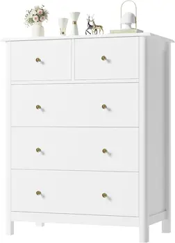 Wit dressoir met 5 lades, hoge ladekast, ladekast met 5 lades en diepe ruimte, houten opbergruimte