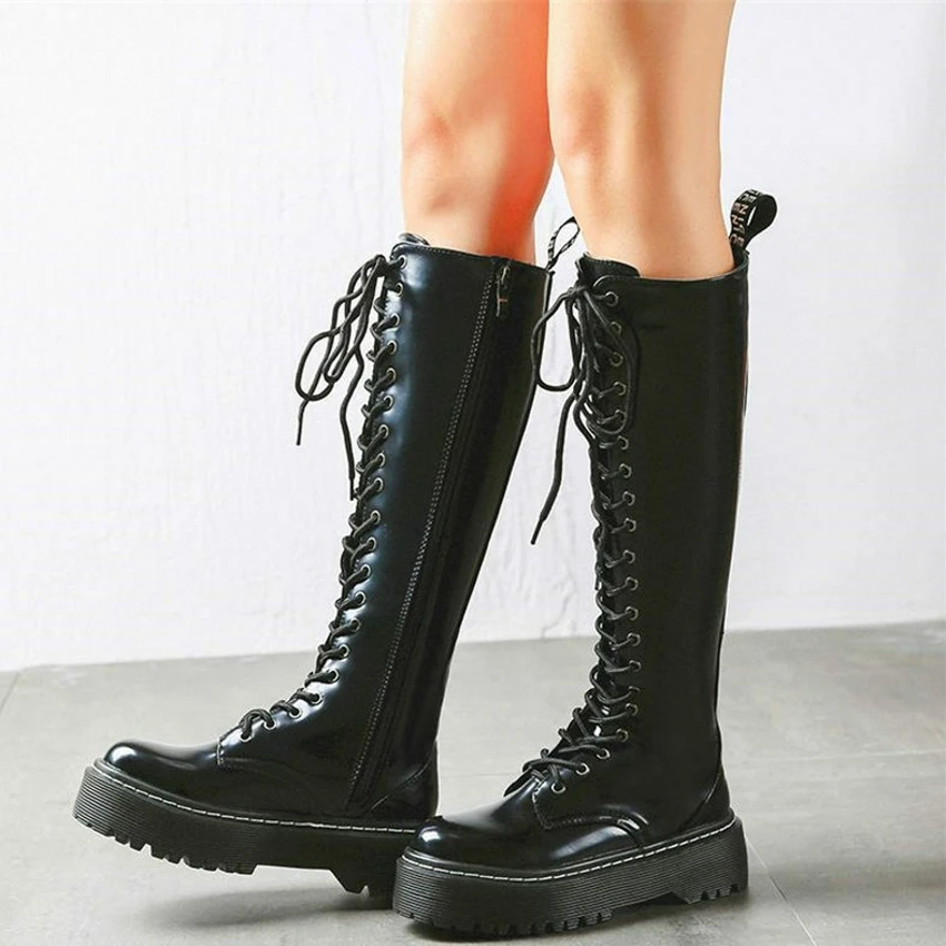 Platform Pumps Big Size Shoes Women Patent Leather Knee High Snow Boots Female Winter Round Toe Thigh High Boots Plus Size Shoes