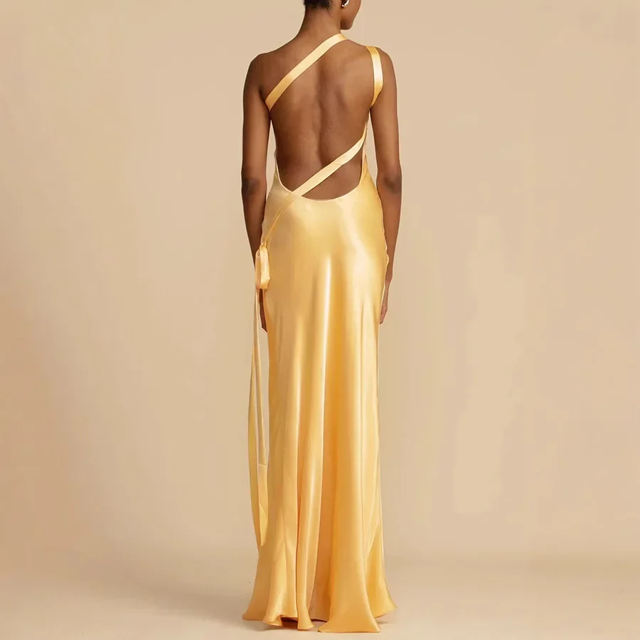 Cross-Border Spring Summer New Style Casual Party Dress Asymmetrical Shoulder Slimming Fashionable Evening Gown Long Ankle