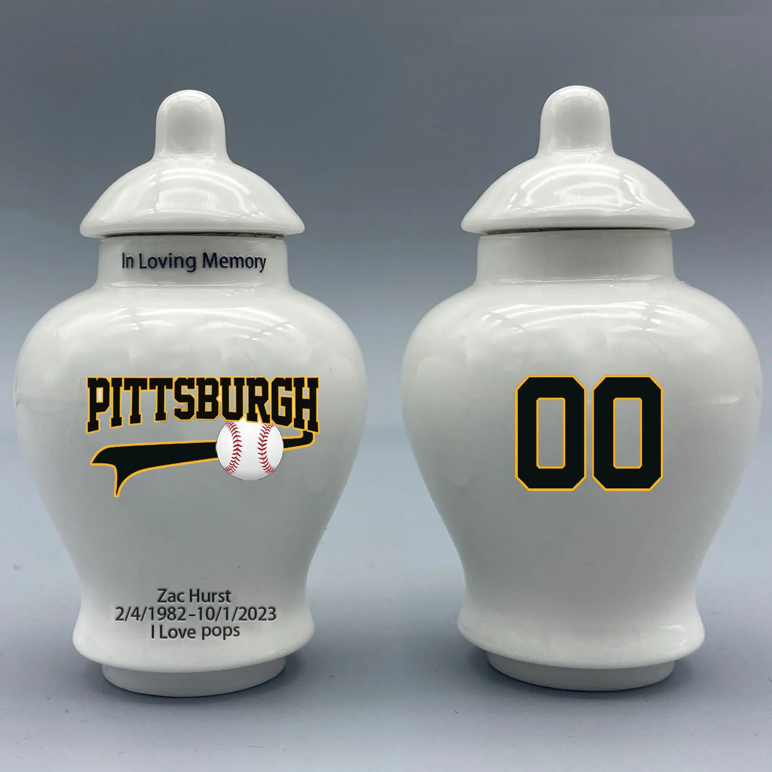 

Mini Urn for Pittsburgh Pirates-Baseball themed.Please send me the customization information - name/date and number on the urn