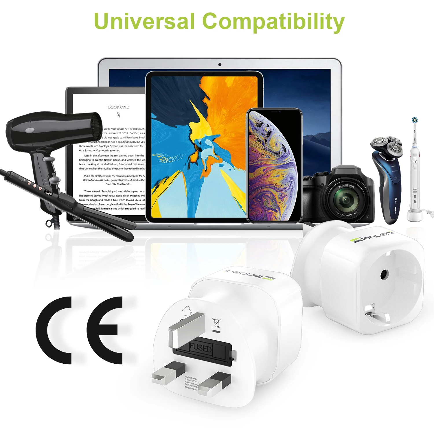 LENCENT 2 PCS EU to UK Travel Adapter Overload Protection Wall Charger AC Power for EU iPhone iPad Android Samsung Charger