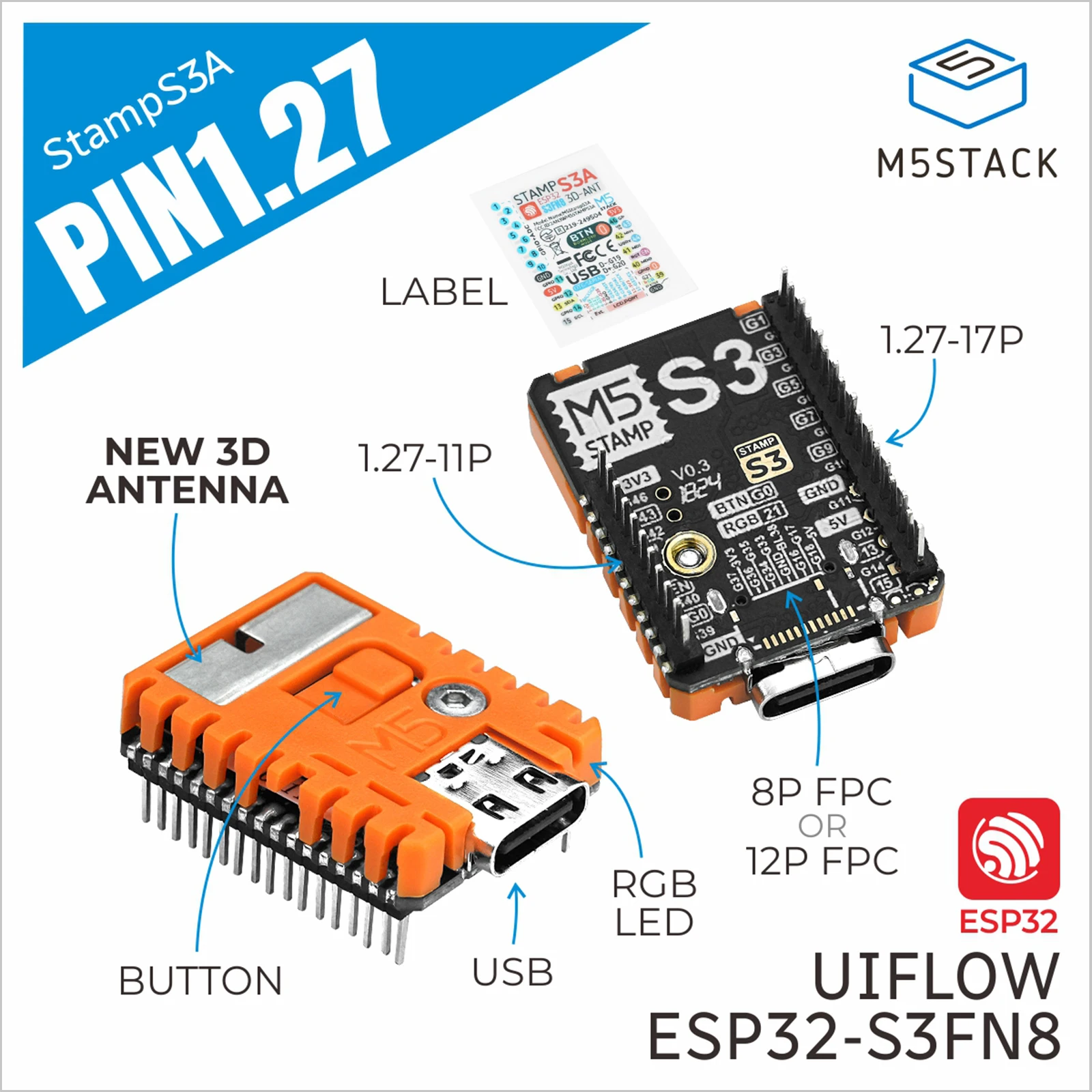 

M5Stack Official M5stampS3A with 1.27 Header Pin ESP32-S3FN8