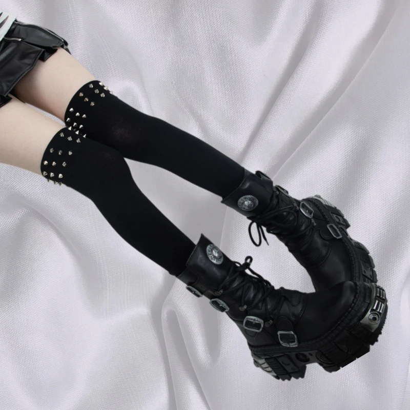 Rivets Studded Stretchy Nylon Thigh High Stockings Sheer Black Sexy Metal Spike Trim for Adult Women Punk Club Party Outfit