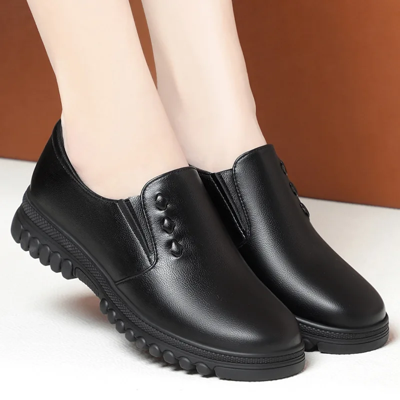 

Grandma Black Soft Leather Casual Platform Shoes Spring 2024 Classic Slip-on Loafers Women Ballet Shoes Shallow Mouth Loose