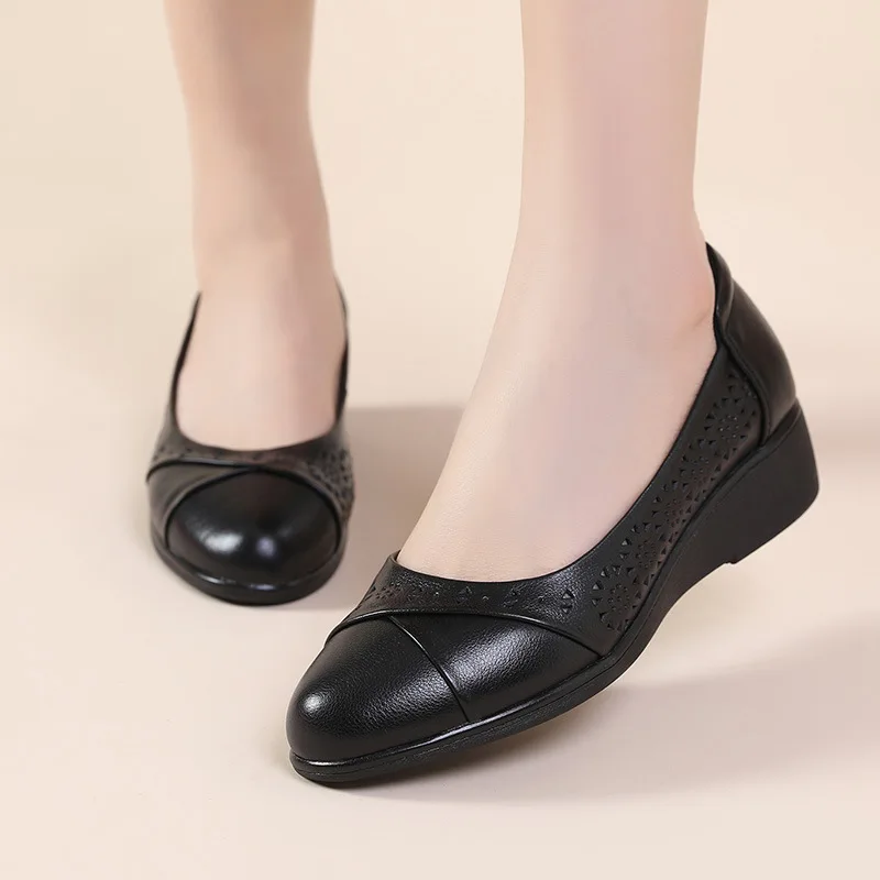 GKTINOO 2024 Women Flat Shoes Genuine Leather Woman Soft Pointed Toe Flats Summer Lady Hollow Mom Loafers Women Shoes Sandals