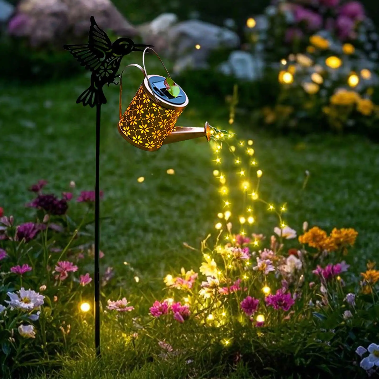 1pc Solar Watering Can With Lights Hummingbird Solar Lanterns Outdoor Hanging Waterproof Garden Decor Ambient Lighting