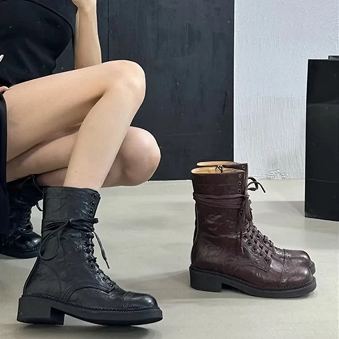 

Women Leather Corss Strap Embroidery Boots Sexy Round Toe Square Heel Arrivals Fashion Outdoors Women Modern Boots Winter