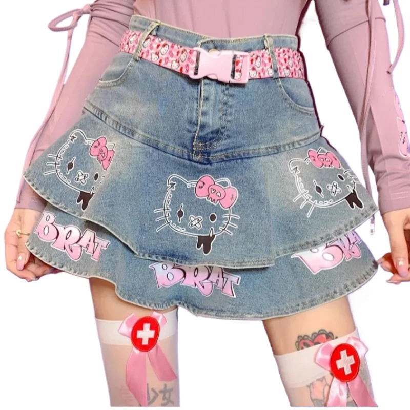 

New Sanrio Hello Kitty Cartoon Print Sexy Skirt Y2K Millennial Slim Hot Girl Denim High Waist Cake Skirt Skirt Cute Kawaii Gift