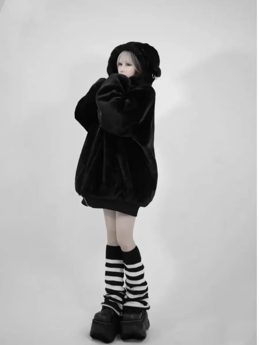 Casaco de pele grossa estilo punk japonês para mulheres, série de minas Harajuku, parka peludo, jaquetas de orelhas de pelúcia, harajuku, subcultura