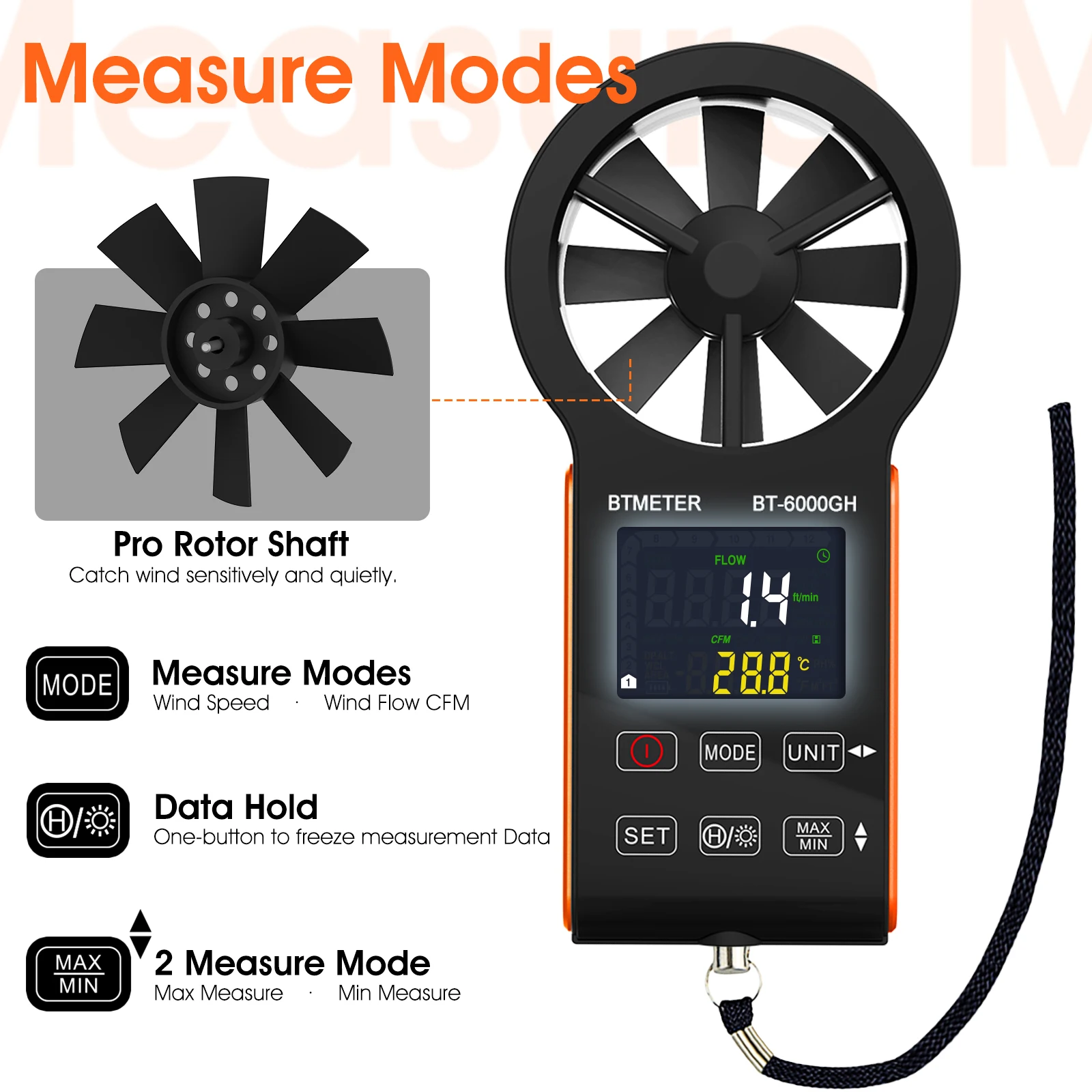 BTMETER Digital Anemometer Wind Speed 0.3-30m/s ,Touching Key,Rechargeable Temp,Average,Max&Min ,Air Volume Test BT-6000GH-C