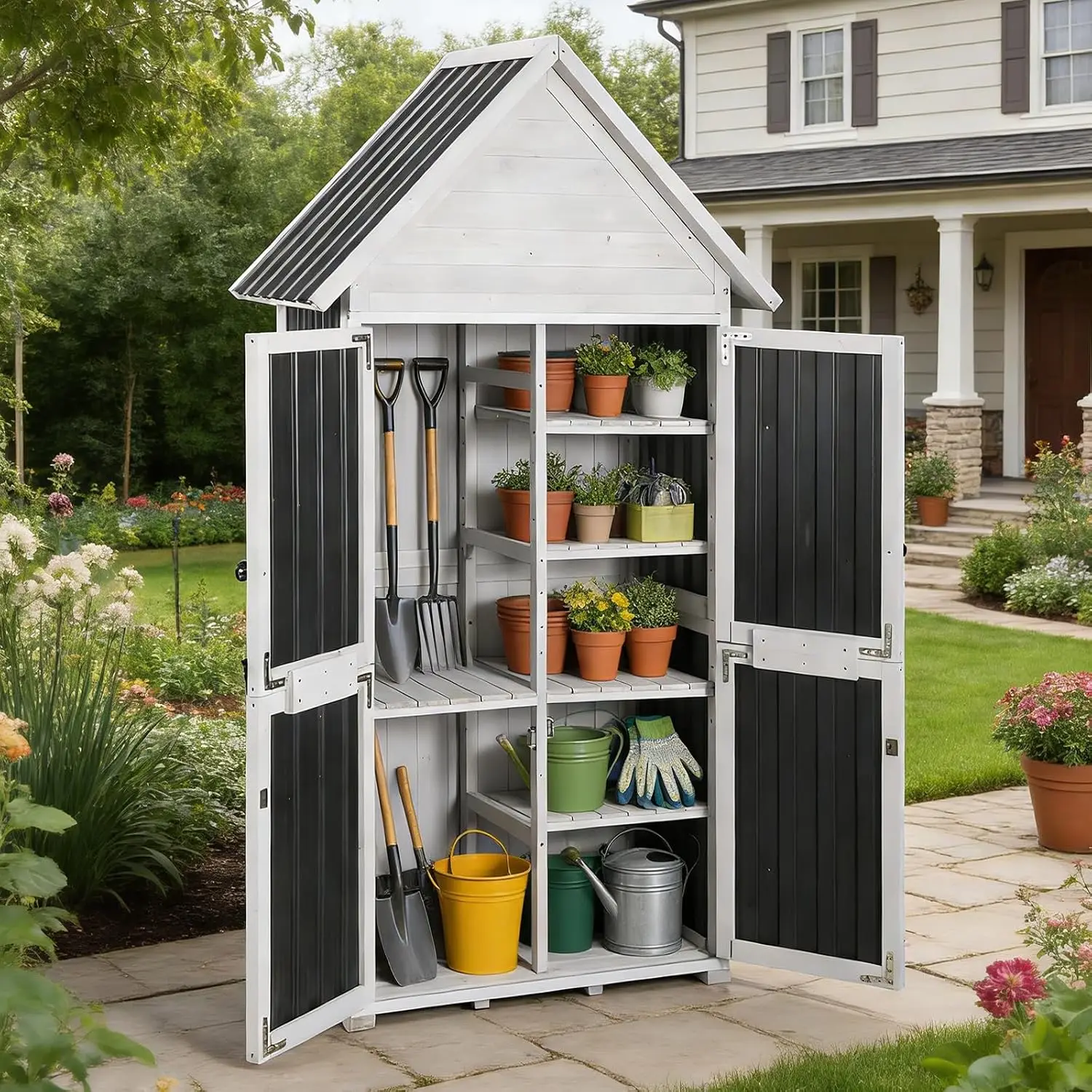 Outdoor Storage Shed Metal Frame Wooden Floor Adjustable Shelves Garden Backyard Patio 67.1" H, Customized