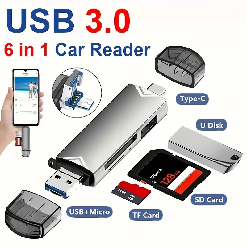 多機能USB 3.0カードリーダー,6 in 1,uディスク,type-c,usb,tf,sd,フラッシュドライブ,アダプター用メモリーカード,電話,ラップトップ,コンピューター