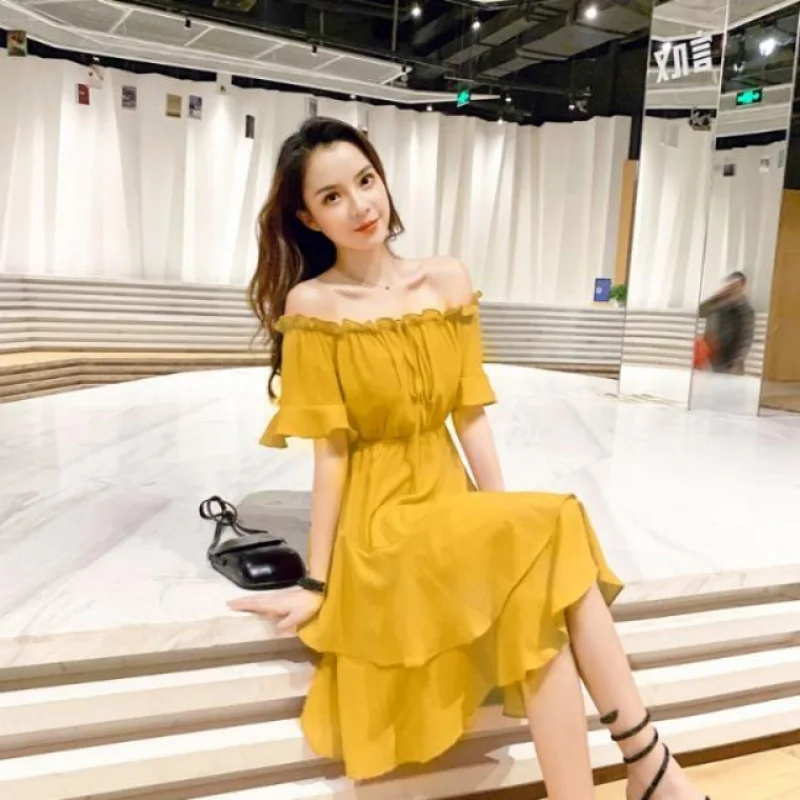 

2024 Spring Summer Short Sleeve One Shoulder Midi Dress Sexy Beach Coast Polyester Fiber Midi Waist Floral Lace Hem Single Piece