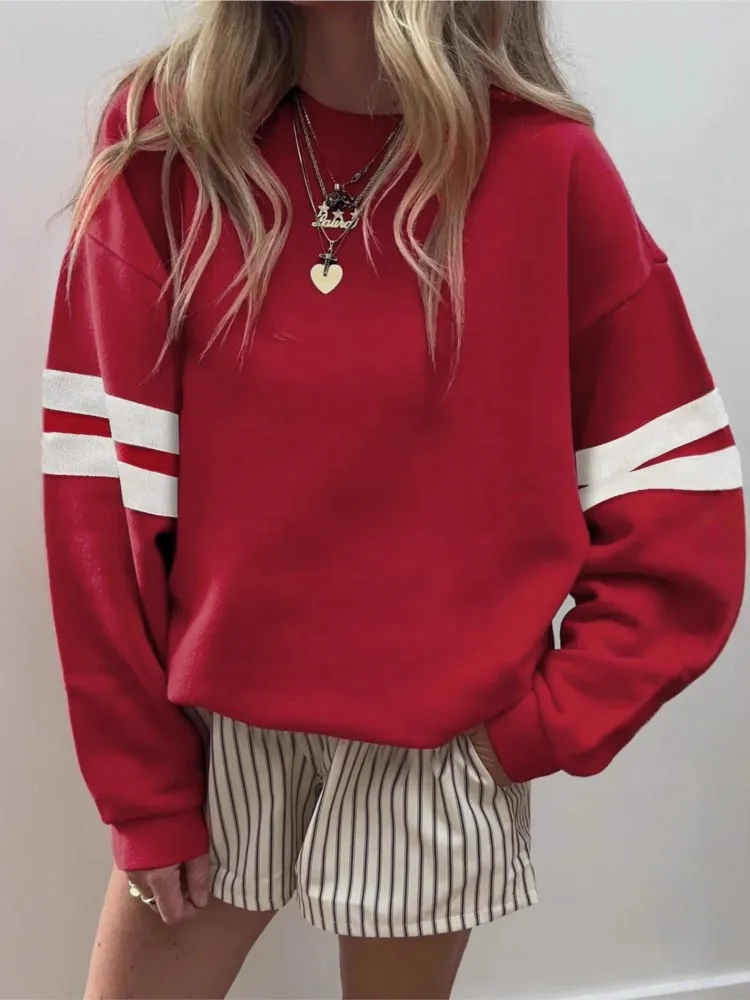 New Women Striped Color Block Pullover Drop Shoulder Hoodie Autumn Casual Loose O Neck Sweatshirt Comfortable Long Sleeve Top