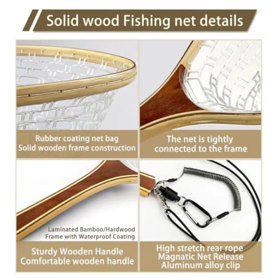 Square Head Fly Fishing Landing Net Trout Soft 23.62in Rubber Catch and Release Fish Net with Wooden Handle Frame Magnetic Fly - view 5