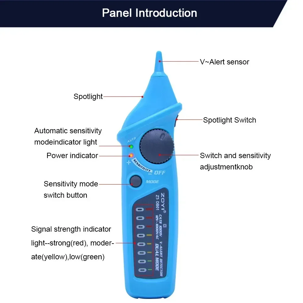 ZOYI ZT-DB01 AC voltage detector pen 12-1000V/48-1000V voltage tester pen Neutral wire/Live wire test+sound light alarm