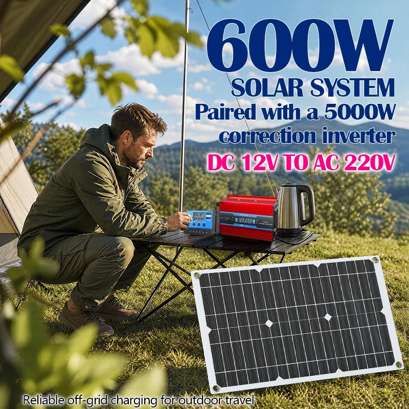 600W Solar Panel Kit With 5000W Correction Inverter DC12V To AC220V Off-Grid Solar Power System For Camping Outdoor Home