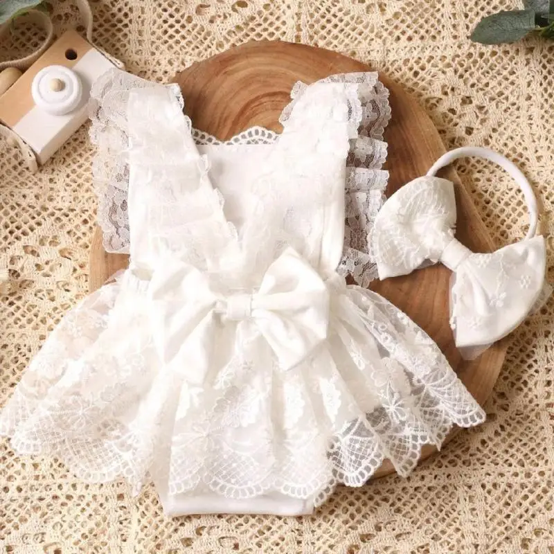 

Newborn Girls Photoshoots Costume Backless Lace Romper Bowknot Decor Dress and Hairband Set for Photography 4XBC