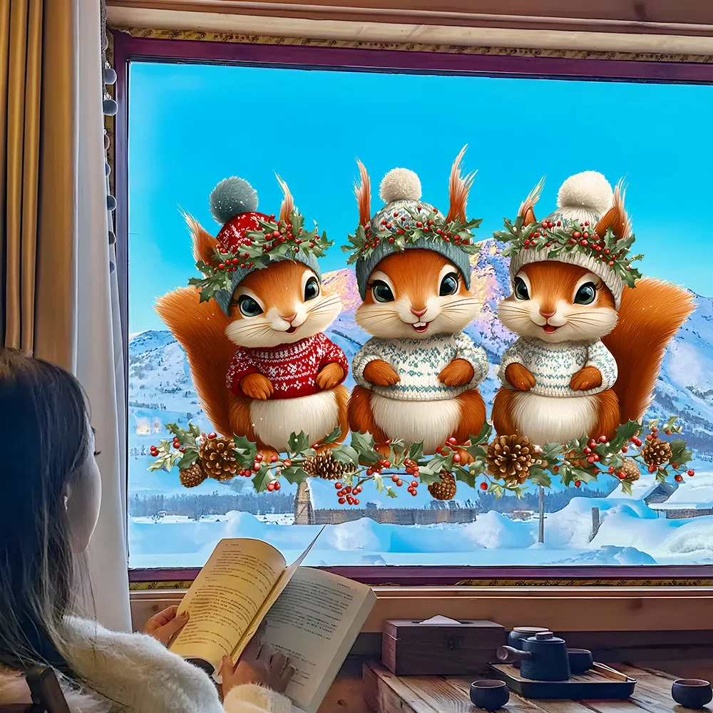 Electrostatic UV Cartoon Christmas Squirrel Electrostatic Glass Sticker for Christmas Decoration
