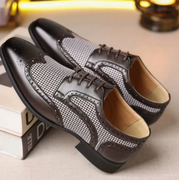 Men's shoes 2026 autumn new leather shoes with block fabric paired with men's shoes