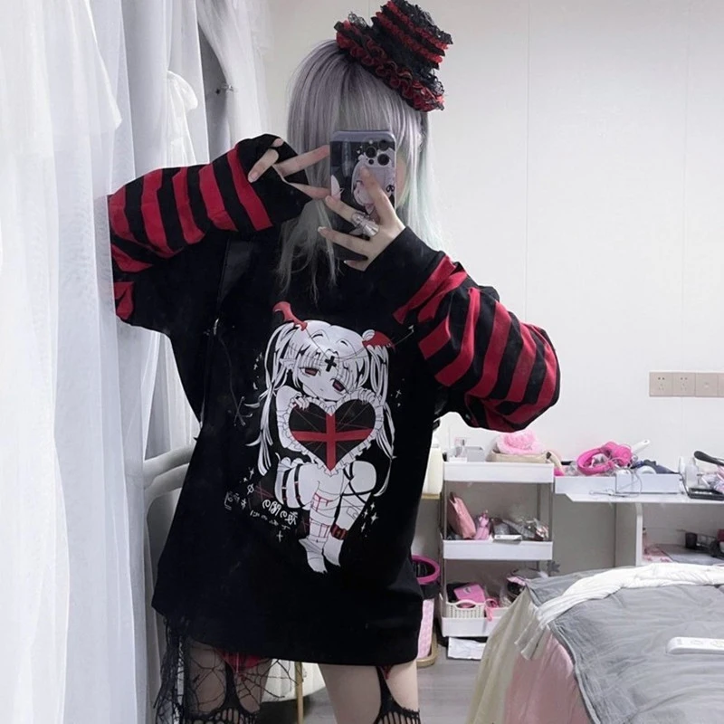 Spring Dark Academia Clothes Emo Anime Sweatshirt Women Striped Gothic T-shirt Long Sleeve Black Tops Y2K Grunge Harajuku Hoodie